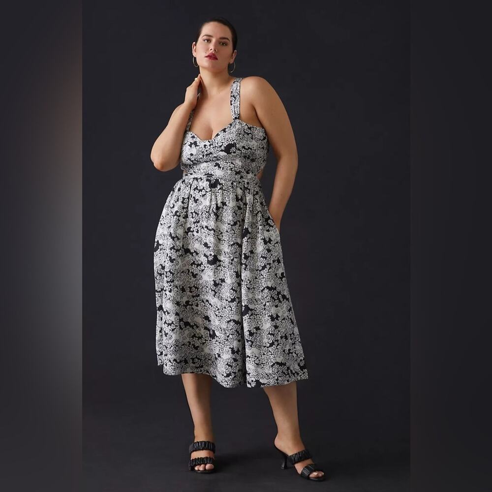 Anthropologie Printed Midi Dress‎ Black Floral Linen Blend Cutout Women’s Size S - Picture 4 of 13